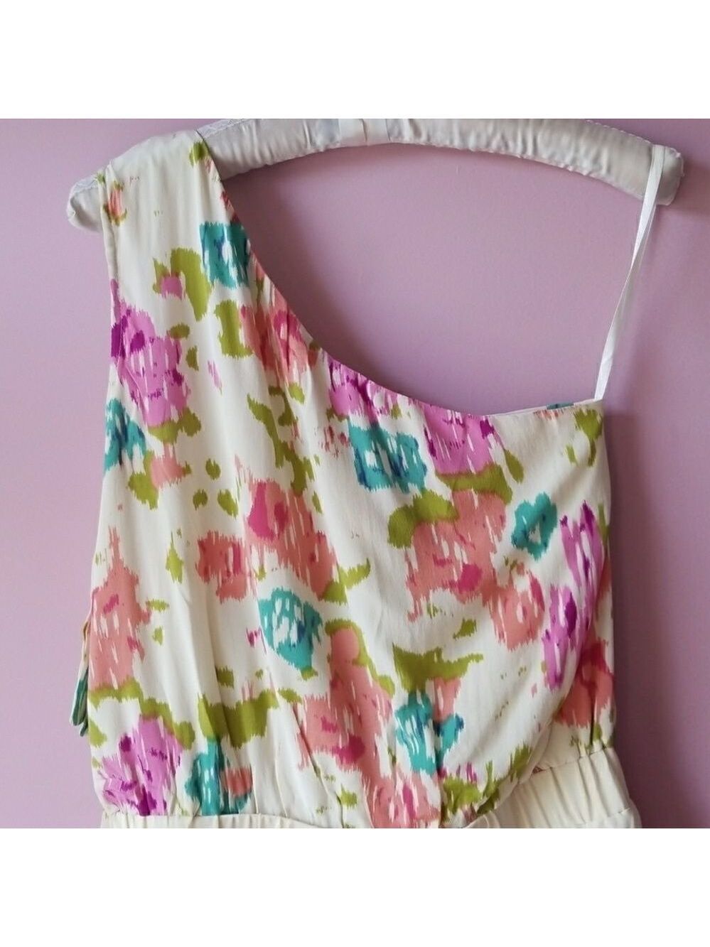 SILK Grecian Style Water Color One Shoulder Dress By Jaloux Yellow with pattern - Picture 5 of 8